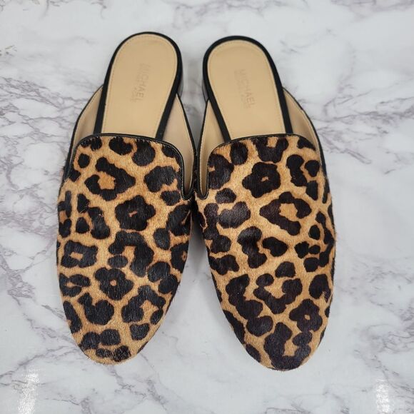 Michael Kors Natasha Leopard Dyed Calf Hair Slide Mule Clog Pony Hair Women's - Picture 1 of 12